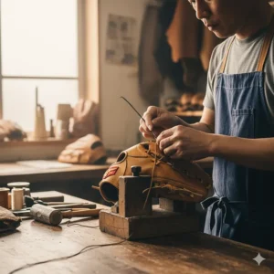 Master artisan (Shokunin) hand-stitching a custom Japanese baseball glove, emphasizing the dedication to craftsmanship.