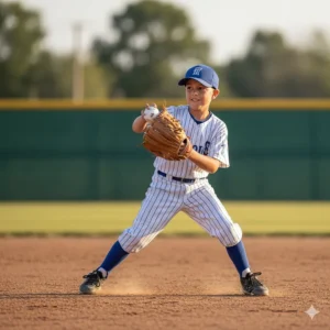 Young player demonstrating a clean catch with a quality left handed youth baseball glove during a practice drill.