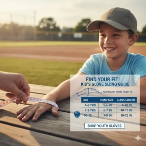 An illustration or chart detailing how to measure a hand to find the right baseball glove size for kids.