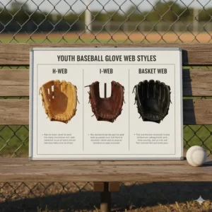 Visual guide to the common web styles (H-web, I-web, Basket) found on baseball gloves for kids.