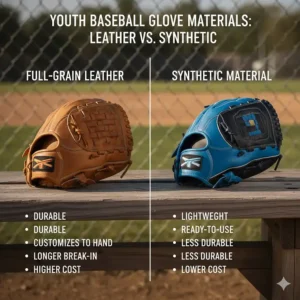Comparison graphic highlighting the difference between leather and synthetic materials in youth baseball gloves.