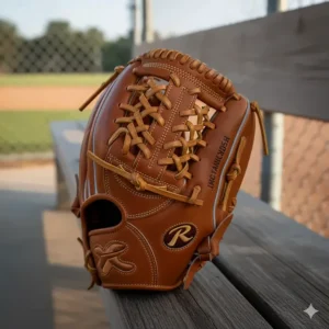 Close-up of a deep I-web on a left handed youth baseball glove, ideal for infielders and quick transfers.