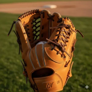 Detailed view of the H-web and deep pocket on a professional left handed baseball glove.