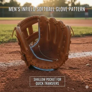 Diagram showing the specific, shallow pocket design of an infield softball glove for men.