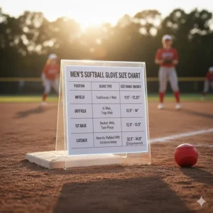 An informative chart displaying recommended softball glove sizes for adult men based on position.