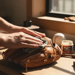 A new, leather baseball training glove being conditioned and cared for with glove oil for longevity and better performance.