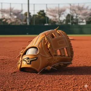 A Mizuno Pro Series infield Japanese baseball glove on a field, highlighting its innovative design and professional quality.