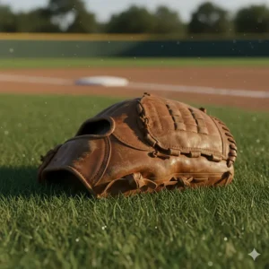 An antique-style, old school baseball glove resting on the grass of a baseball diamond, emphasizing its historical look.