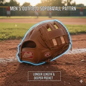 Illustration of a men's outfield softball glove, highlighting its longer length and deeper pocket.