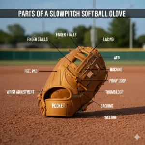 A diagram labeling the main components and parts of a professional slowpitch softball glove, including the pocket and web.