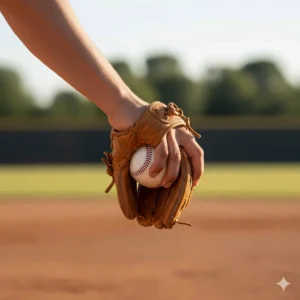 Close-up of an athlete using a small baseball training glove to practice a perfect pitching grip and quick transfers.