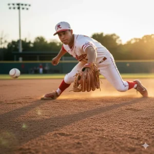 Baseball player making a catch with a new Heart of the Hide baseball glove on the field.