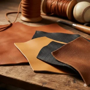 Detailed view showcasing the high-quality leather used to construct durable fastpitch softball gloves.