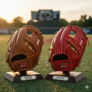 Image showcasing the difference between synthetic and premium leather left handed baseball gloves.