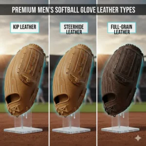 Comparison image of the different types of leather used in premium men's softball gloves, such as steerhide or kip leather.