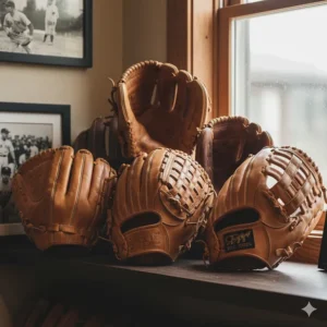 A curated display showcasing a collection of different types of retro baseball gloves from various eras.