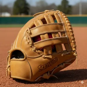 Close-up image of a slowpitch softball glove featuring the popular H-Web design for easy ball transfers.