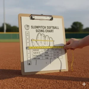 An illustration chart demonstrating how to measure the correct size for a slowpitch softball glove.