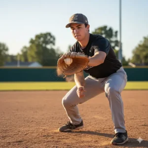 Player using a specialized baseball training glove during a soft-toss catching drill to focus on hand-eye coordination.