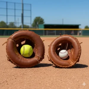 A photograph comparing a large, circular softball catcher's mitt next to a more oval-shaped baseball catcher's mitt, noting the differences in padding and hinge points.