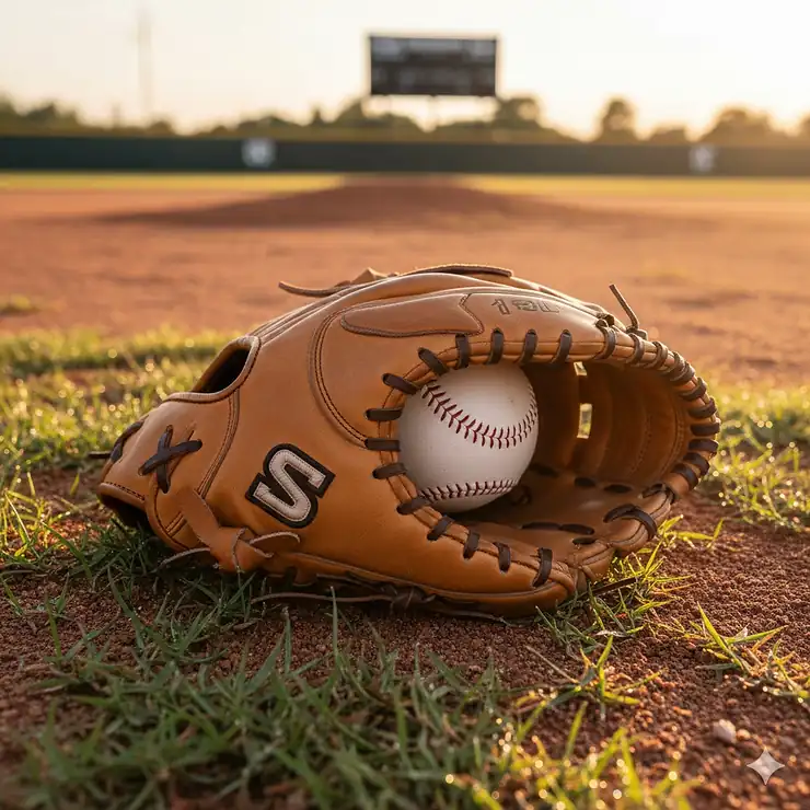 A close-up shot of a durable, high-quality catchers glove for softball in a ready-to-use position, highlighting the deep pocket and leather texture.