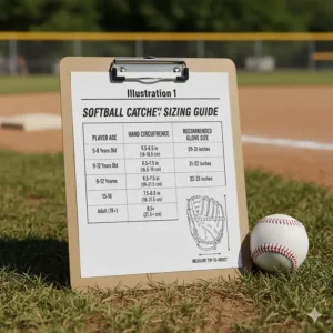 An infographic chart detailing the proper sizing and measurement for a softball catcher's glove based on player age and hand size.