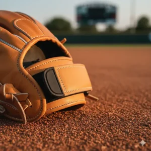 A close-up image of the back of the glove, focusing on the adjustable wrist strap feature for a secure and customized fit on a softball catcher's glove.