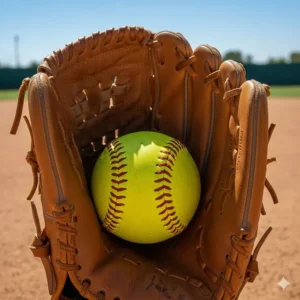 Close-up of a softball glove pocket, highlighting the extra depth and closed web design necessary to catch the larger softball.