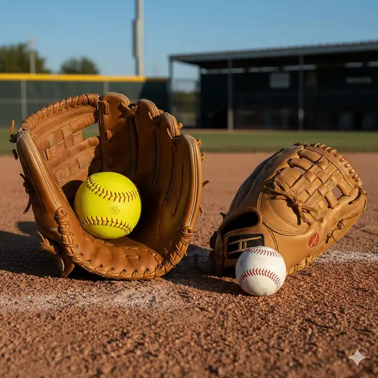 A side-by-side comparison of a deep-pocket softball glove next to a smaller, more shallow-pocket baseball glove, clearly showing the size difference between the two types of gloves. softball glove vs baseball glove