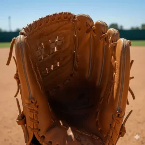 Detail view of an H-web or basket web, common web style on a softball glove, which helps securely hold the large softball.