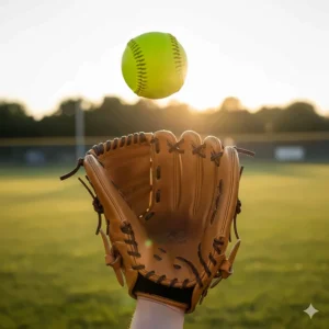 A long, closed-web softball glove being used to catch a fly ball, illustrating the extra reach required for outfielders.