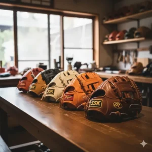 Lineup of top Japanese baseball glove brands like SSK, Zett, and Hatakeyama, showing various models and web styles.