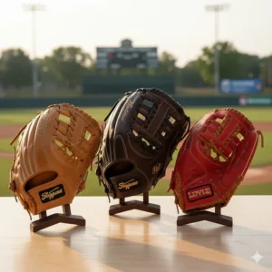 A product display of three different styles of left handed baseball gloves from top brands.