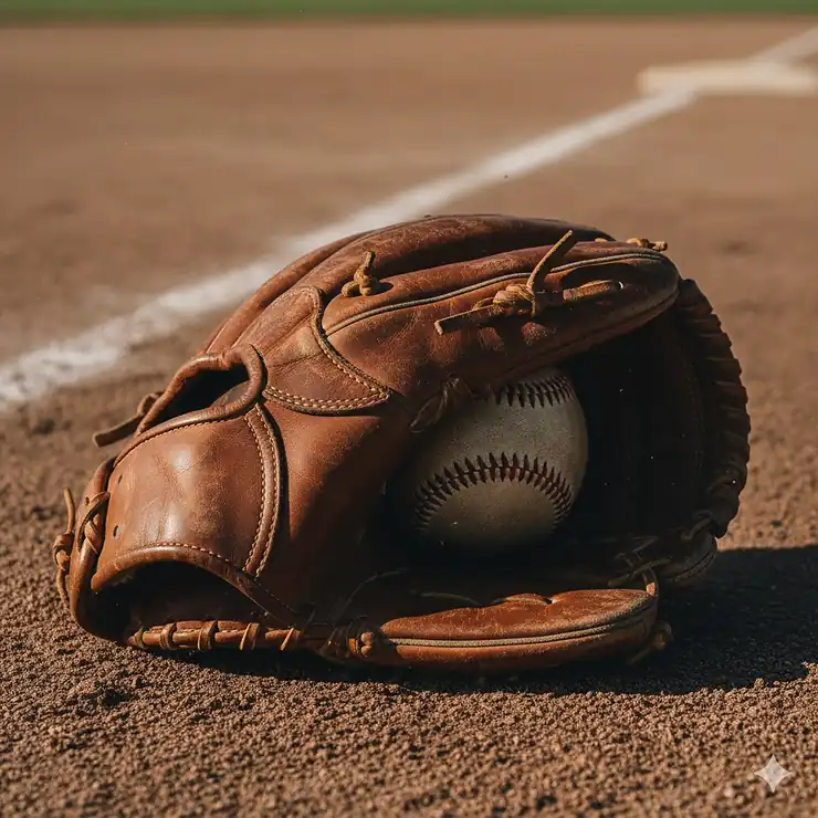 A close-up shot of a classic, well-worn retro baseball glove made of rich brown leather, showing the intricate stitching and pocket detail.