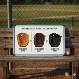 Diagram showing different youth baseball glove styles: infielder, outfielder, and catcher's mitt.