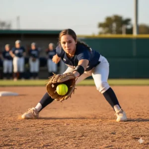 A detailed view of the H-web or single-post web on a softball 1st base mitt, a popular choice for visibility and catching.