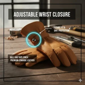 Detail illustration of an adjustable ball and tape wrist closure on a leather work glove for a secure fit.