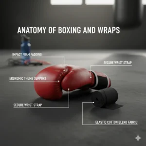 A diagram labeling the padding, wrist strap, and thumb support of boxing gloves and the fabric of hand wraps.