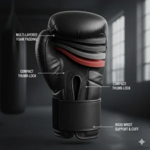 Diagram showing the internal padding and wrist support of boxing gloves designed for heavy bag workouts.