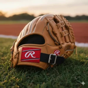 View of the back of the glove, showing the wrist adjustment and finger loops on the softball outfield glove.