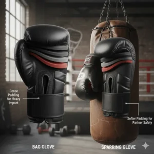 Comparison illustration between dense boxing gloves for punching bags and softer sparring gloves.