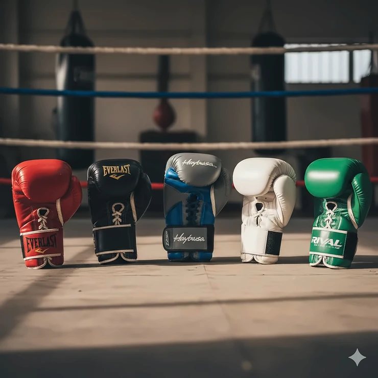 A high-quality photo showing five pairs of the best boxing glove brands, including Everlast, Cleto Reyes, and Hayabusa, lined up for comparison.