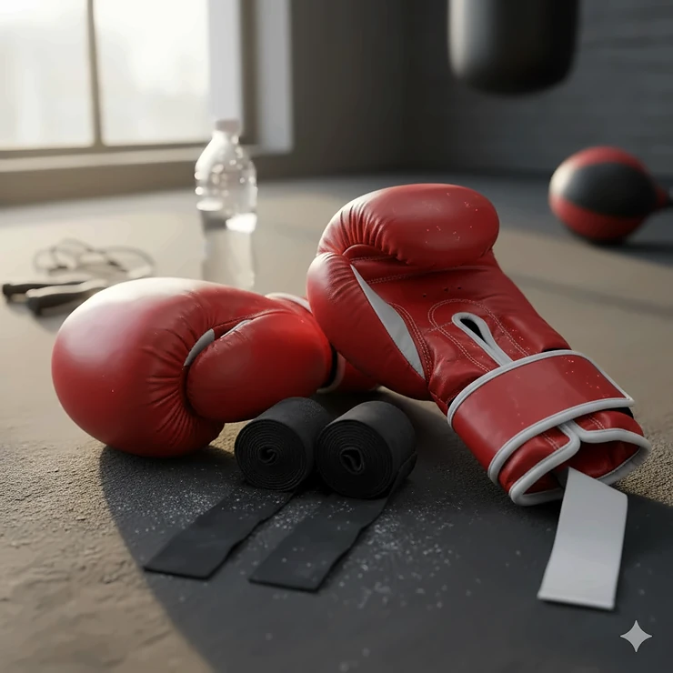 A pair of premium leather boxing gloves resting next to neatly rolled hand wraps on a gym mat. boxing gloves and wraps