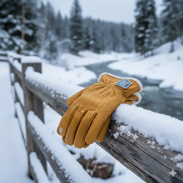 A pair of premium deerskin work gloves for cold weather resting on a snow-covered wooden surface. best deerskin work gloves for cold weather