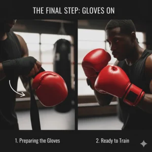 An athlete with fully wrapped hands putting on professional boxing gloves before a match.