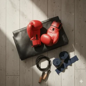 Top-down view of a boxing bag with gloves, hand wraps, and a jump rope.