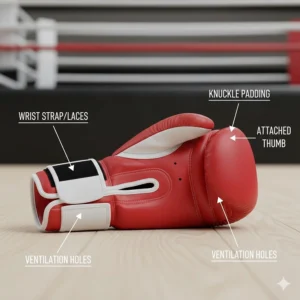 Illustration diagram showing the key parts of a boxing glove, including the wrist strap, knuckle padding, and attached thumb for protection.