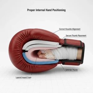 Illustration of correct fist alignment and thumb attachment in top-rated sparring gloves.