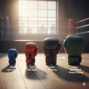 Chart illustration showing the relative sizes of 10oz, 12oz, 14oz, and 16oz boxing gloves to help determine the correct weight.