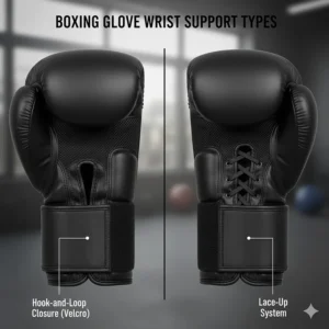 Illustration of hook-and-loop closures on boxing gloves for punching bag stability and wrist protection.